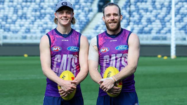 Geelong brothers Zach (left) and Cam Guthrie (right) ahead of the Cats preliminary final against Brisbane. Picture: Meg Mullen