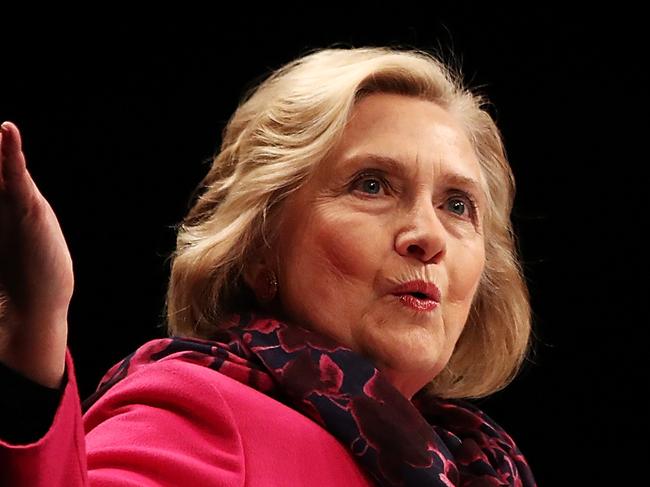 AUCKLAND, NEW ZEALAND - MAY 07:  Hillary Rodham Clinton speaks during An Evening with Hillary Rodham Clinton at Spark Arena on May 7, 2018 in Auckland, New Zealand. The former US Secretary of State and Democratic presidential candidate, who lost the 2016 US election to Donald Trump, is touring Australia and New Zealand speaking about being a women in politics.  (Photo by Hannah Peters/Getty Images)