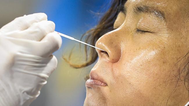 SYDNEY, AUSTRALIA - DECEMBER 23: A  passenger is tested at the Histopath pre-departure COVID testing clinic at Sydney International airport on December 23, 2021 in Sydney, Australia. Demand at COVID-19 testing centres across Sydney has increased in the lead up to Christmas as NSW coronavirus case numbers rise. People travelling to Queensland, Tasmania and South Australia are required to show a negative PCR test to enter those states while Western Australia's borders are closed to NSW travellers. (Photo by Jenny Evans/Getty Images)