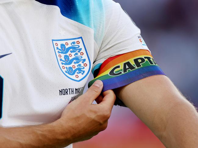 MANCHESTER, ENGLAND - JUNE 19: A detail view of the rainbow captain's armband of Harry Kane of England during the UEFA EURO 2024 qualifying round group C match between England and North Macedonia at Old Trafford on June 19, 2023 in Manchester, England. (Photo by Catherine Ivill/Getty Images)