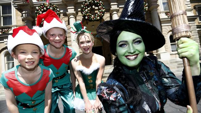 The 36th Christmas pageant will feature, from left, River Mallam, Josh Barnes, Charlotte Barnes and Bonnie Cashion as a witch in the cast <i>Wicked</i>. Picture: KIM EISZELE