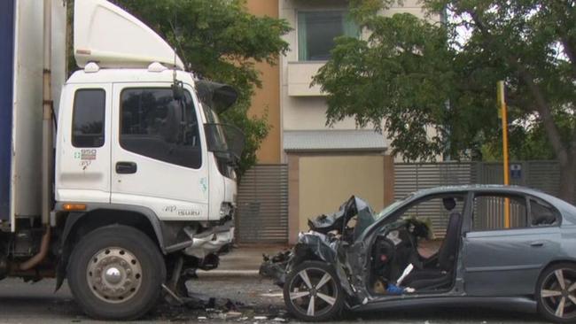 A car has crashed head-on into a truck at Largs Bay. Picture: 7NEWS