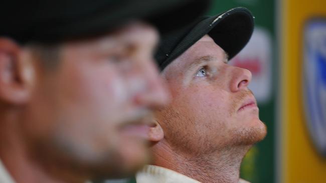 Steven Smith and Cameron Bancroft face the music after they admitted to attempting to change the condition of the ball by using a foreign object. Picture: Ashley Vlotman/Gallo Images/Getty Images