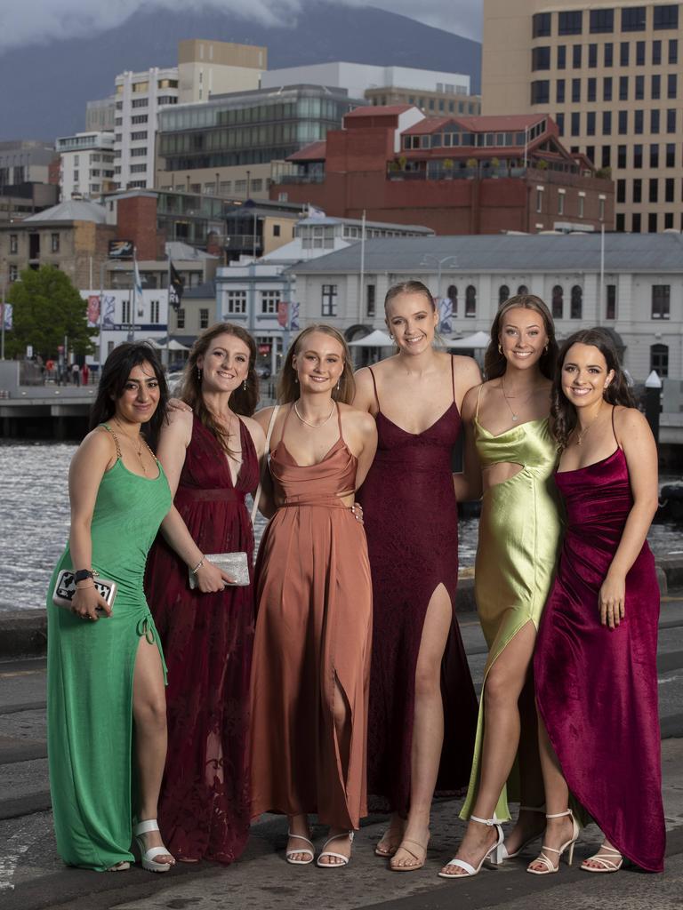 Hobart College leavers Dinner 2021 at the Hobart Function and Conference Centre, Hana Azizkhani, Esther Webb, Jorja Laning, Maddy Straatsma, Georgia Creese and Zoe Levett. Picture: Chris Kidd