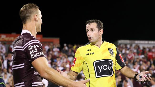 WOLLONGONG, AUSTRALIA - APRIL 20: Daly Cherry-Evans of the Sea Eagles shows his frustration as he speaks to referee Dave Munro after the final whistle during the round 6 NRL match between the Dragons and the Sea Eagles at WIN Stadium on April 20, 2019 in Wollongong, Australia. (Photo by Mark Kolbe/Getty Images)