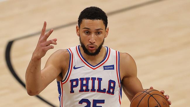 ATLANTA, GEORGIA - JUNE 18:  Ben Simmons #25 of the Philadelphia 76ers calls out a play against the Atlanta Hawks during the first half of game 6 of the Eastern Conference Semifinals at State Farm Arena on June 18, 2021 in Atlanta, Georgia.  NOTE TO USER: User expressly acknowledges and agrees that, by downloading and or using this photograph, User is consenting to the terms and conditions of the Getty Images License Agreement. (Photo by Kevin C. Cox/Getty Images)
