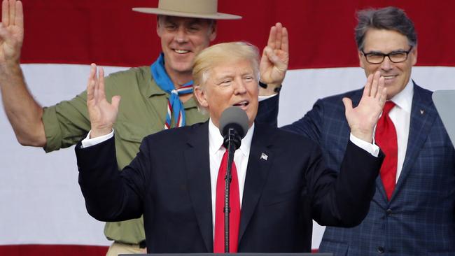 US President Donald Trump, pictured at National Boy Scout Jamboree at the Summit in Virginia last week. Picture: Steve Helber/AP