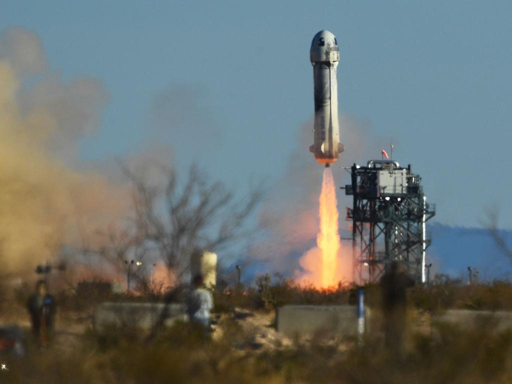 A Blue Origin New Shepard rocket launches from Launch Site One in West Texas in March 2022. Picture: AFP