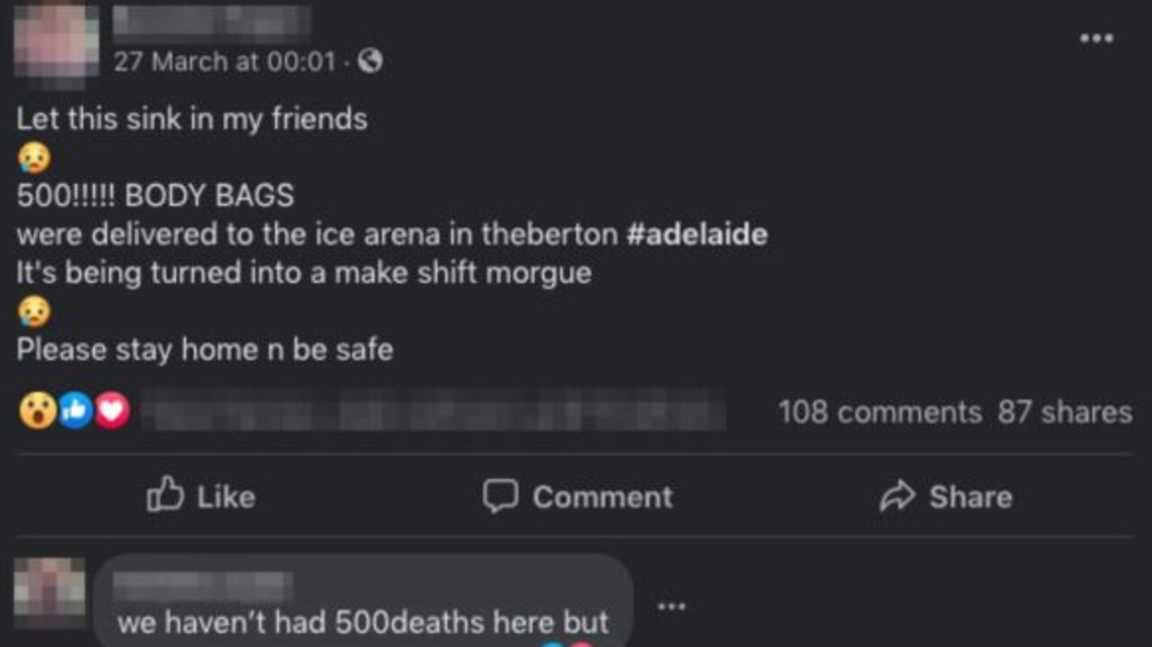 A Facebook user claims a makeshift morgue is being set up in an Adelaide ice rink. Picture: AAP