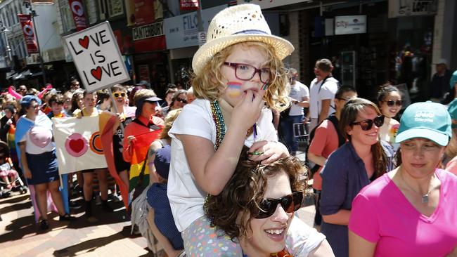 The Pride Parade from North Hobart to Parliament Lawns. in Hobart, picture of Heather Hicks form Dyrnnryne with her daughter Ava 4