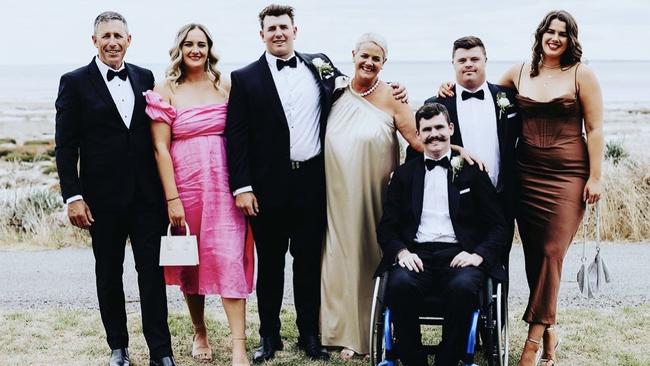 John, Edwina, Tom, Louise, Will, Hugo and Lucy Taheny at Tom's wedding in 2023.