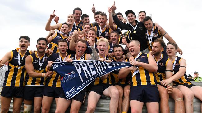 Rupertswood celebrates last year’s RDFL flag. Picture: James Ross