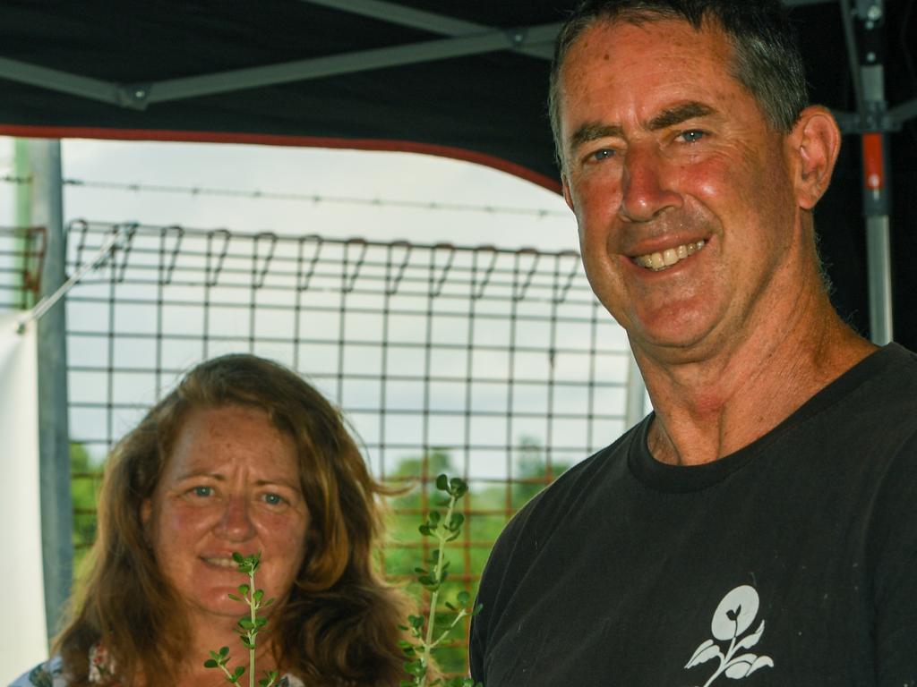 Stephanie Medew at her plants stall with Tony Lee looking for something for his garden at the Lismore Farmers Markets.