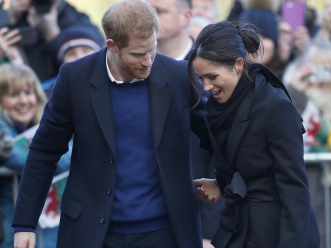 Britain’s Prince Harry and his fiancee Meghan Markle arrive for a visit to Cardiff Castle in Cardiff, Wales, Thursday, Jan.18, 2018. Picture: AP