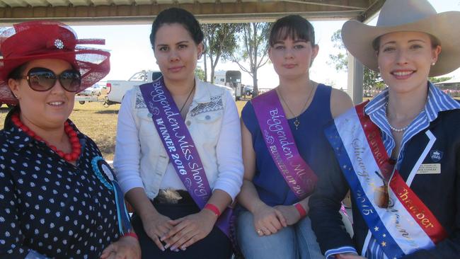 Biggenden Show Society's Rural Ambassador Jess Rollinson with Miss Showgirl 2016 Michelle Janusch, runner up Elizabeth Pitt were joined by Burnett SubChamber Miss Showgirl 2015 Bonnie Coolee at the weekend's annual show. Photo Erica Murree / Central & North Burnett Times