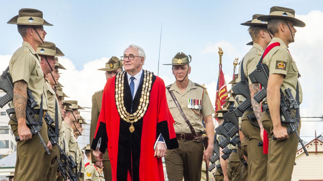 TRC mayor Paul Antonio inspects the guard of 25th/49th Battalion, Royal Queensland Regiment during the 80th anniversary of the Battle of Milne Bay. Picture: Nev Madsen.