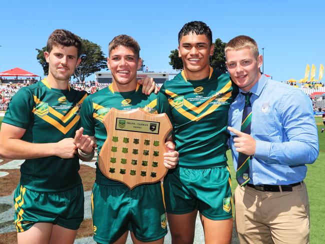 Sexton with Reece Walsh, Brendan Piakura and Josh Bevan following the Australian Schoolboys’ win over the Junior Kiwis in September. Picture: SMPIMAGES.COM