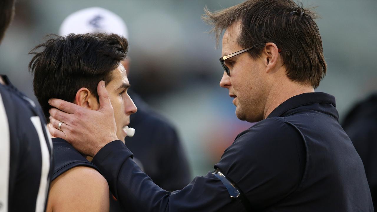 Carlton interim coach David Teague was grumpy early, but encouraging Zac Fisher at the final change. Pic: Michael Klein