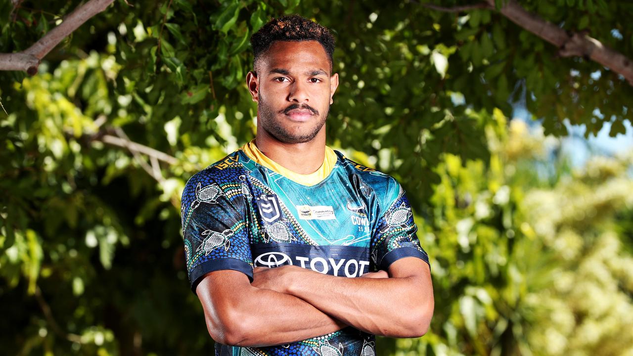 NRL; North Queensland Cowboys Hamiso Tabuai-Fidow debuts this years Indigenous Round jersey. Picture: Alix Sweeney