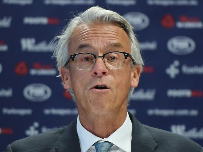 Football Federation Australia CEO David Gallop addresses the media during a press conference in Sydney, Monday, September 11, 2017. Westfield W-League players will receive a significant pay increase and improved employment conditions following a landmark collective bargaining agreement between Football Federation Australia, the Westfield W-League clubs and Professional Footballers Australia. (AAP Image/Dean Lewins) NO ARCHIVING