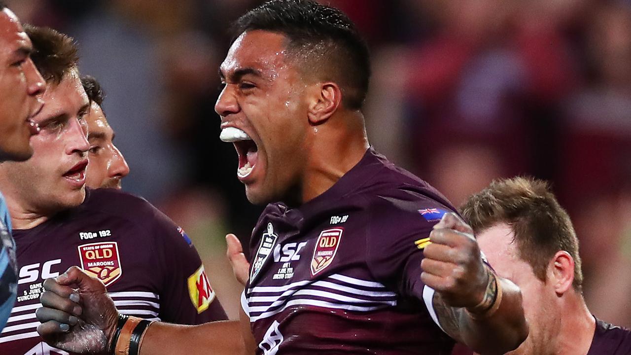 BRISBANE, AUSTRALIA - JUNE 05: Joe Ofahengaue of the Maroons and teammates celebrate a disallowed try during game one of the 2019 State of Origin series between the Queensland Maroons and the New South Wales Blues at Suncorp Stadium on June 05, 2019 in Brisbane, Australia. (Photo by Cameron Spencer/Getty Images)