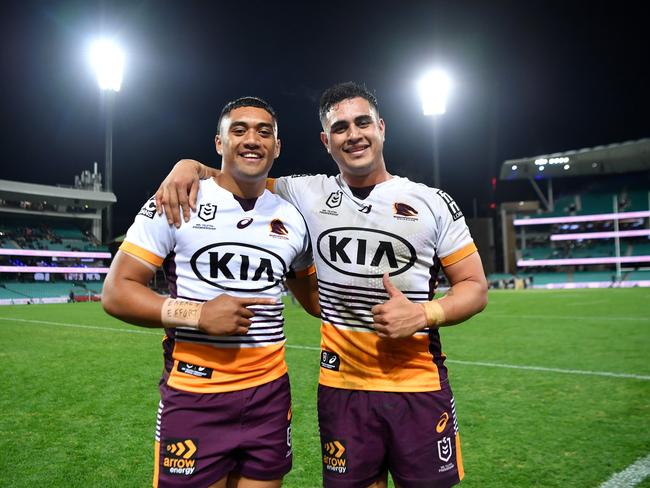 TC Robati (L with Keenan Palasia (R)) looks set to make his NRL debut. Picture: Gregg Porteous/NRL Photos