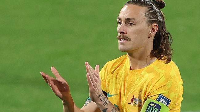 PERTH, AUSTRALIA - JUNE 11: Jackson Irvine of the Socceroos during the Second Round FIFA World Cup 2026 Qualifier match between Australia Socceroos and Palestine at HBF Park on June 11, 2024 in Perth, Australia. (Photo by Janelle St Pierre/Getty Images)