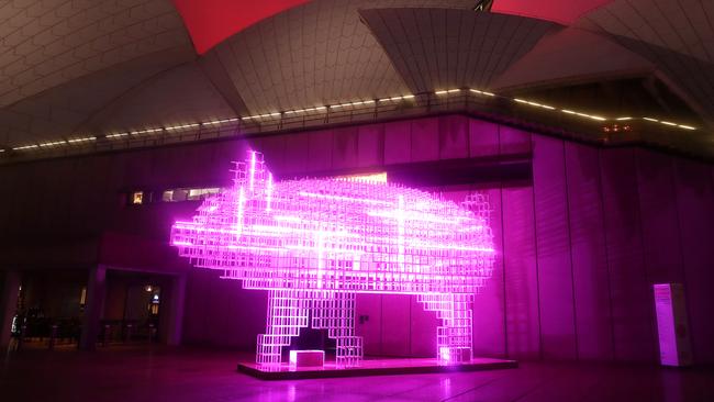 Artist Qian Jian Hua’s The Hero Pig Lantern is one of many installations lighting up the night sky along the western boardwalk of the Sydney Opera House. Picture: Cameron Spencer