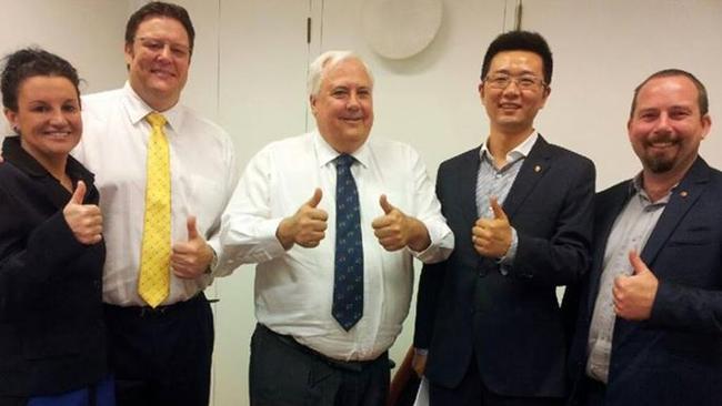 Winners are grinners: Jacqui Lambie, Glenn Lazarus, Clive Palmer, Dio Wang and Ricky Muir in happier days. Picture: Palmer United Party