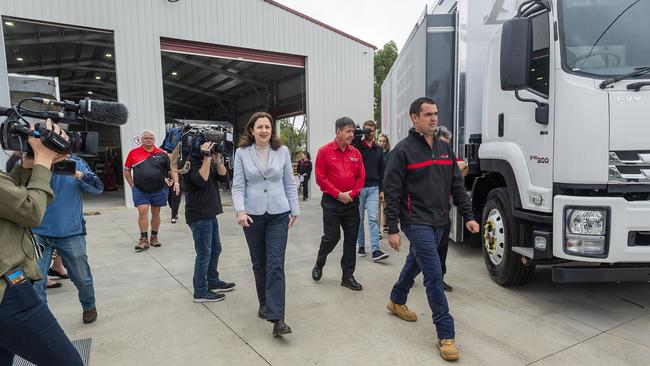 Premier Annastacia Palaszczuk visits Allweld manufacturing at Maryborough with MP Bruce Saunders centre and Josh Linwood (right), manager of Allweld. Picture: John Wilson