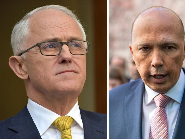 (COMBO) This combination of pictures created on August 23, 2018 shows Australia's Prime Minister Malcolm Turnbull (L) in Canberra on August 22, 2018 and leadership challenger Peter Dutton in Canberra on August 21, 2018. - Australian Prime Minister Malcolm Turnbull's tenuous grip on power came under intense pressure on August 23 with the man who wants his job launching a second leadership challenge in a week and senior ministers defecting. Former home affairs minister Peter Dutton, an ex-police officer and right-wing conservative, said he was confident he now had the numbers to unseat Turnbull, considered a moderate. (Photo by SEAN DAVEY and MARK GRAHAM / AFP)