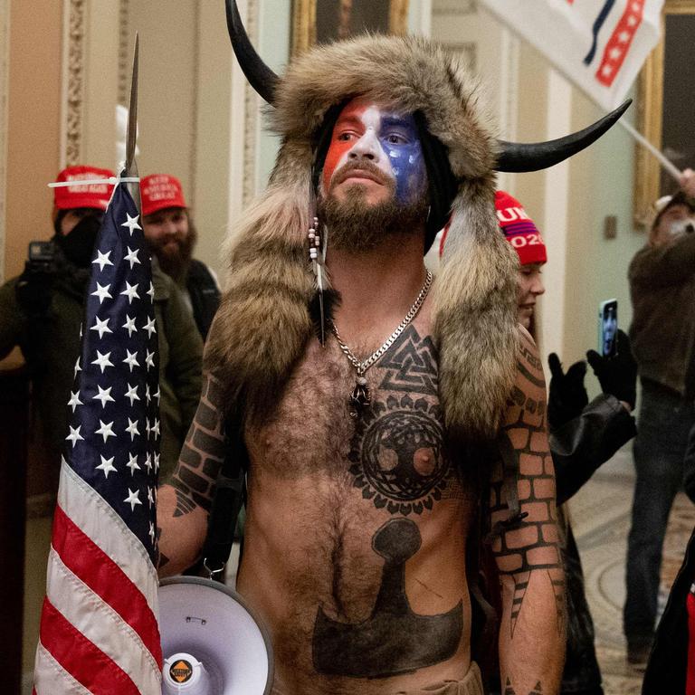 Rioter Jake Angeli breeched security and entered the Capitol as Congress debated the a 2020 presidential election Electoral Vote Certification. Picture: SAUL LOEB / AFP.