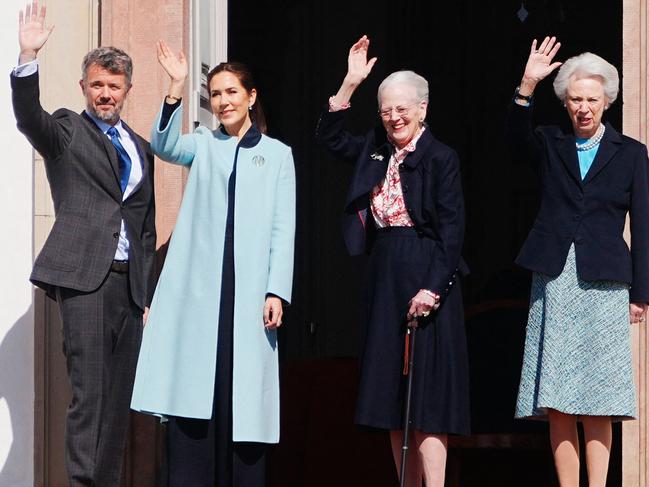 Queen Margrethe II (2ndR) together with Denmark's Princess Benedikte (R), Queen Mary of Denmark and King Frederik X of Denmark wave to onlookers at Fredensborg Castle. Picture: AFP