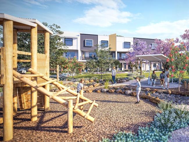 Artist impressions of new park-facing townhouses now on the market at the state government's Prospect Corner housing redevelopment, on the corner of Churchill and Regency roads. Picture: Renewal SA