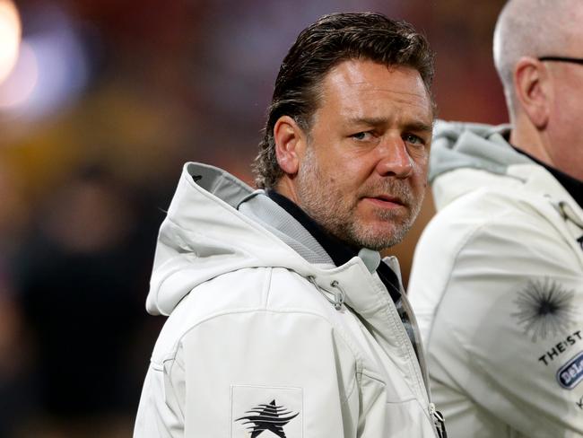 Russell Crowe during the NRL match between the Brisbane Broncos and the South Sydney Rabbitohs in Brisbane. Pic Darren England.