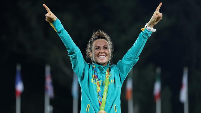 RIO DE JANEIRO, BRAZIL - AUGUST 19: Gold medalist Chloe Esposito of Australia poses on the podium during the medal ceremony for the Women's Modern Pentathlon on Day 14 of the Rio 2016 Olympic Games at the Deodoro Stadium on August 19, 2016 in Rio de Janeiro, Brazil. (Photo by Rob Carr/Getty Images)