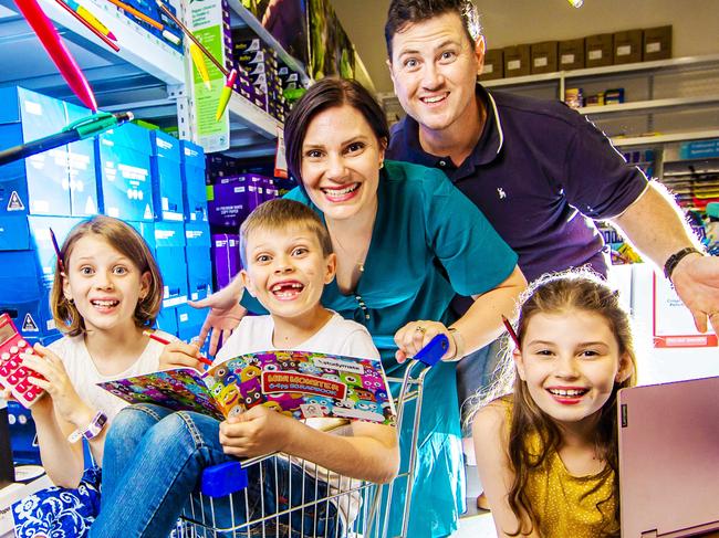 Jessica and Trent Keavney with their  three primary school children Hope, 9, Max, 8 and Ava, 11. About the cost Australian families to get their kids ready for school. Some research I will be adding to this story comes from Officeworks on their offers for parents / top selling items etc, and I asked them if they had any case studies who would be willing to talk about what they spend on school supplies.Picture: NIGEL HALLETT