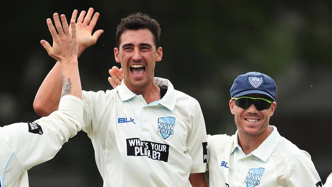 Mitchell Starc celebrates his hat-trick. Picture: Phil Hillyard