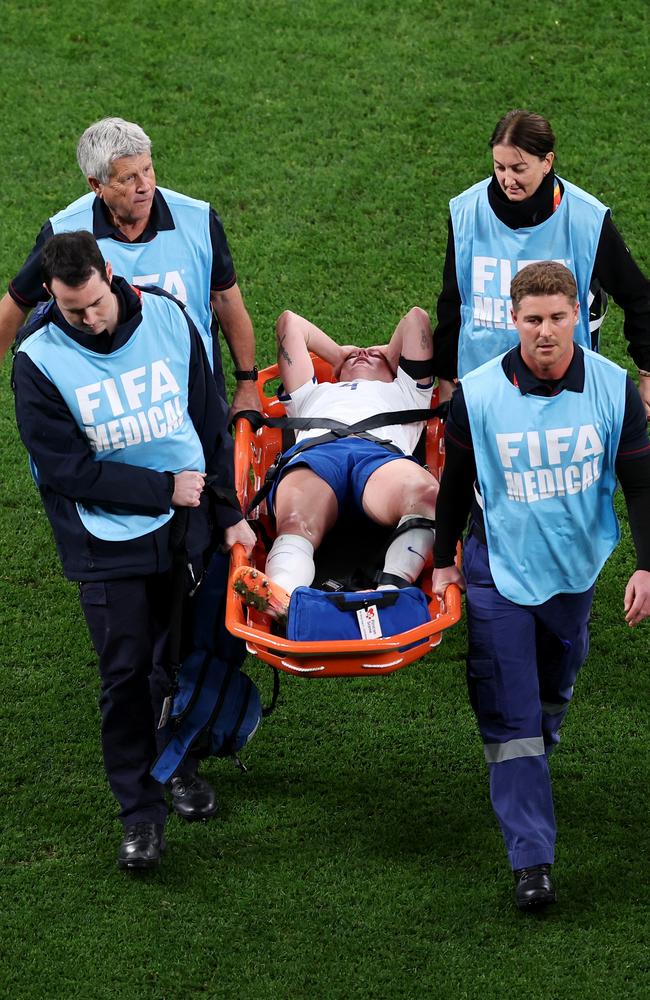 Injury despair for Keira Walsh of England as she’s stretchered off against Denmark in Sydney. Picture: Matt King/Getty Images