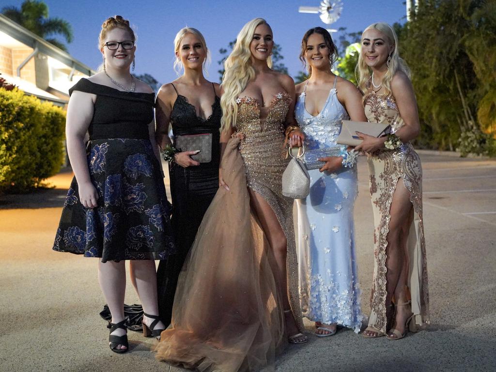 Paris Jurg, Claudia O'Neill, Gabrielle McCarthy, Alicia Abela and Natalia Gibbs at the Mackay North State High School formal at Windmill Function Centre, November 19, 2021. Picture: Heidi Petith
