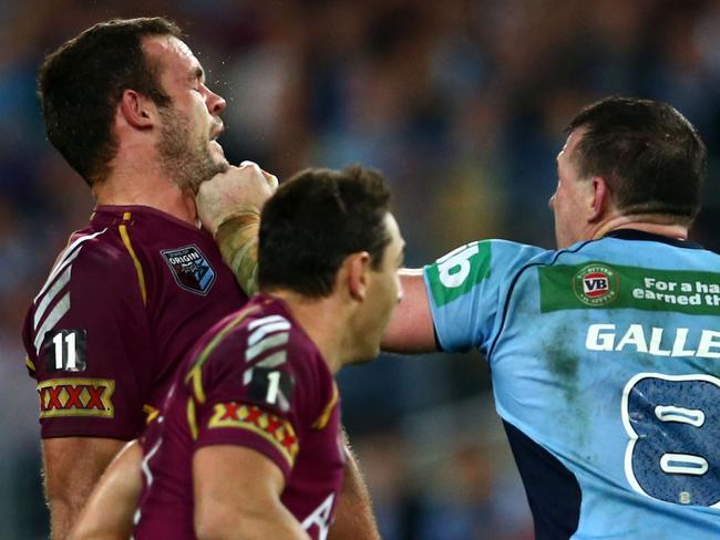 Nate Myles’s granite head got in the way of Paul Gallen’s fist. (Picture: Mark Kolbe/Getty Images)