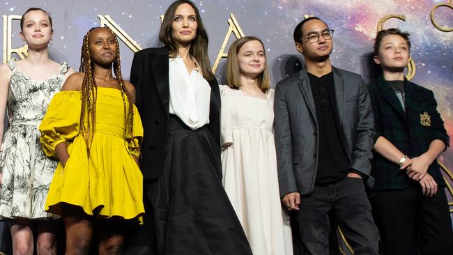 Shiloh Jolie-Pitt, Zahara Jolie-Pitt, Angelina Jolie, Vivienne Jolie-Pitt, Maddox Jolie-Pitt and Knox Jolie-Pitt at the Eternals UK Premiere in London last month. Picture: Jeff Spicer/Getty Images