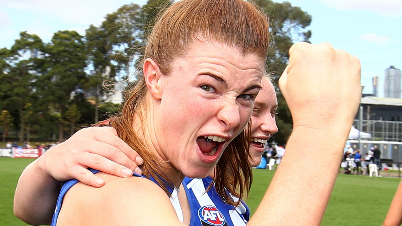 Aileen Gilroy of the Kangaroos celebrates after the Kangaroos defeated the Dockers.