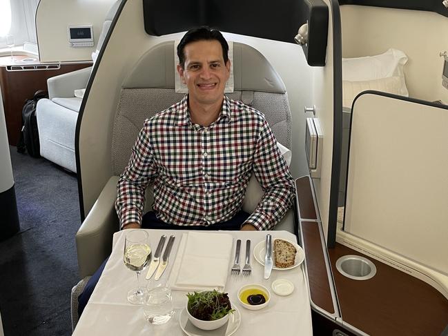 Point Hacks Dan Sciberras in Qantas First Class. ONE USE ONLY