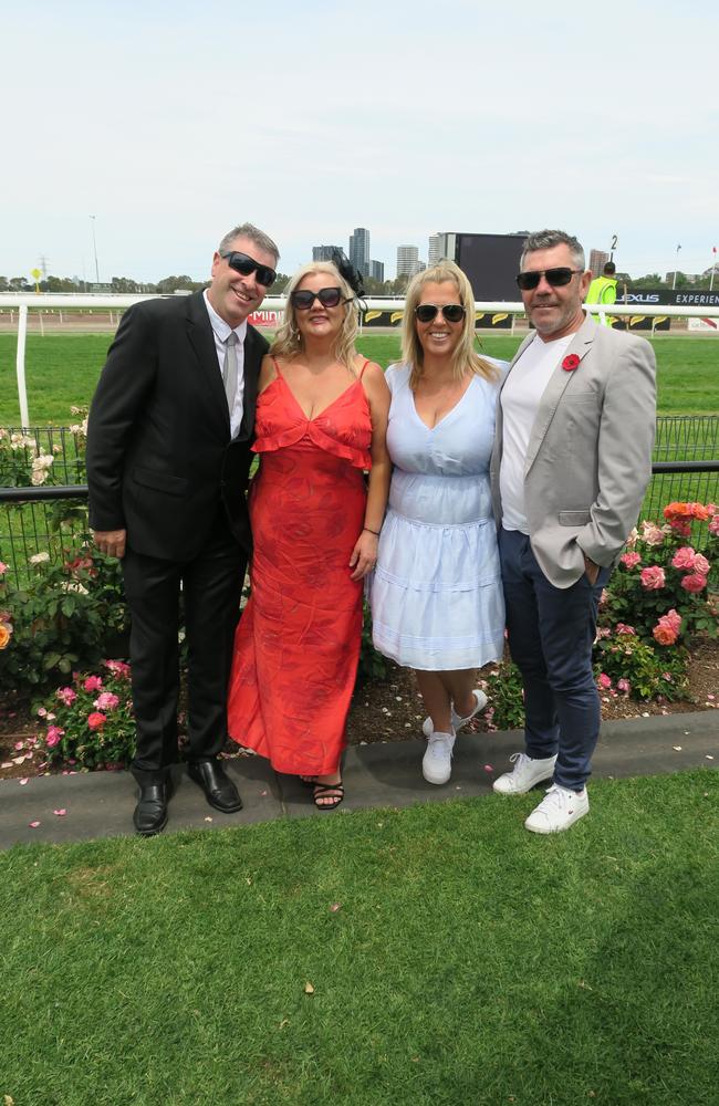 Nicole, Jamie, Allison and Shaun at Seppelt Wines Stakes Day 2024 at Flemington Racecourse. Picture: Gemma Scerri