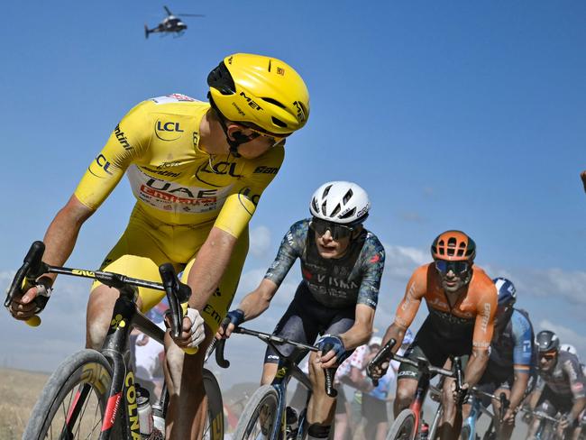 There’s tension in the peloton, with Jonas Vingegaard criticised for not doing his bit and sitting on the wheel of his closest rivals, including race leader Tadej Pogacar. Picture: AFP