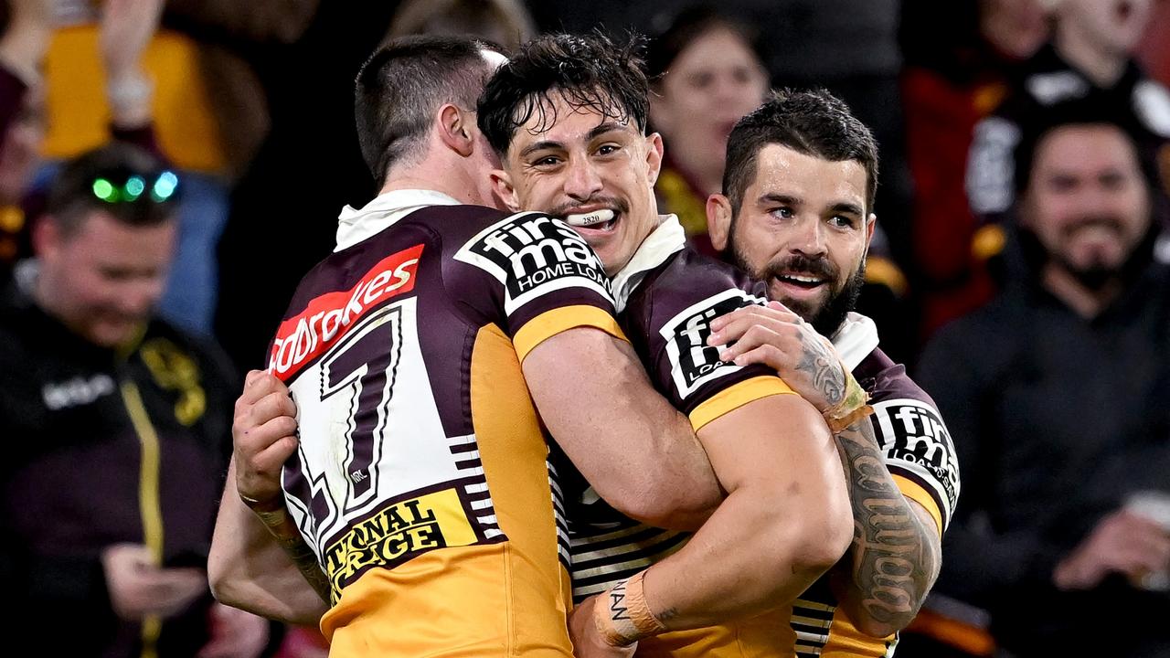 BRISBANE, AUSTRALIA – JULY 10: Kotoni Staggs of the Broncos celebrates scoring a try during the round 17 NRL match between the Brisbane Broncos and the St George Illawarra Dragons at Suncorp Stadium, on July 10, 2022, in Brisbane, Australia. (Photo by Bradley Kanaris/Getty Images)