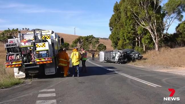 Emergency services at the scene of a serious two-car crash at Delamere on Wednesday. Picture: 7NEWS