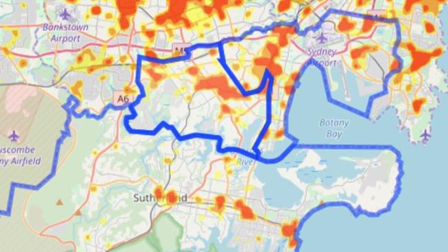 BOCSAR heat map of domestic assault incidents in the year to March 2018 in the Sutherland Shire and St George.