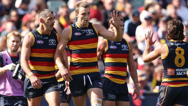 Riley Thilthorpe celebrates a goal. (Photo by Sarah Reed/AFL Photos via Getty Images)